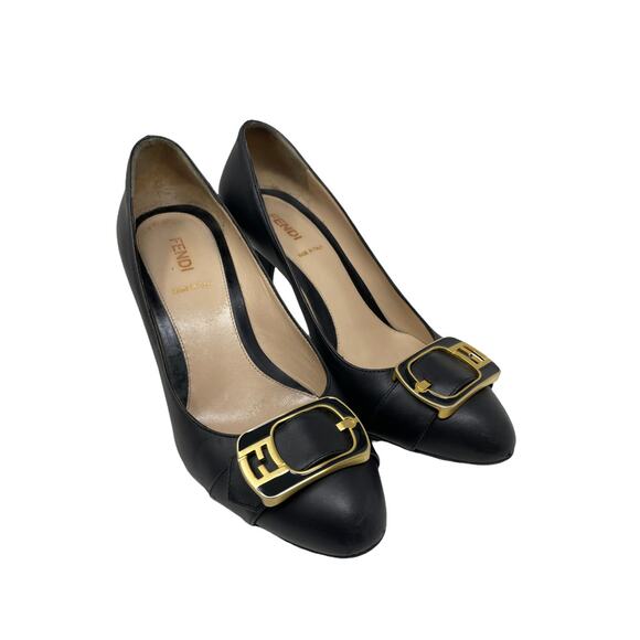 Fendi Womens Size 36.5 FF Buckle Pumps Heel Black Gold Leather Round Toe Slip On - Picture 1 of 12
